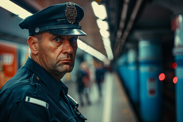 Obraz premium Male Police Officer at Metro Station
