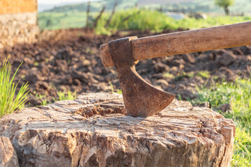 An old used axe lodged in a log.