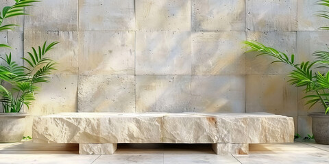 empty stone podium with natural light, green leaves on gray tiles background , for spa product presentation, copy space, Pedestal of marble slabs and branches with green leaves	
