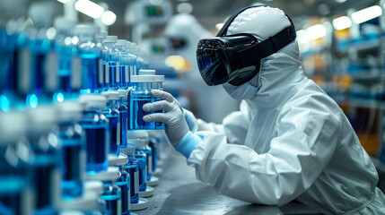 Medical worker VR wearing glasses with virus test tubes working in laboratory