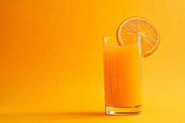 Freshly Squeezed Orange Juice in Clear Glass on Vibrant Orange Background