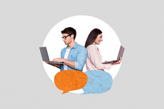 Composite photo collage of happy girl serious guy hold macbook devices freelance workers correspondence isolated on painted background - Powered by Adobe