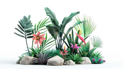 Tropical plant arrangement with various green leaves and vibrant flowers, surrounded by rocks on a white background.