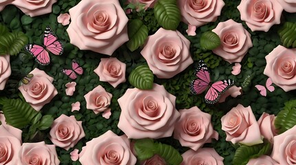  pink roses with green leaves in the image, along with three pink butterflies.