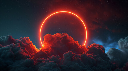 3D widescreen frame featuring an orange-red neon light ring illuminating a dark sky cloud,