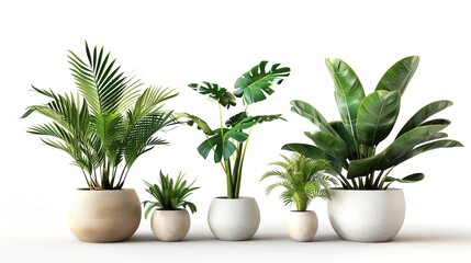 Fototapeta premium A collection of various potted houseplants arranged in a row on a white background, showcasing lush green foliage.