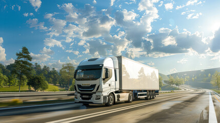 Truck with container on highway, cargo delivery, transportation. Shaving effect. Truck driving on the asphalt road along green fields on sunny day. lorry logistic freight transportation business