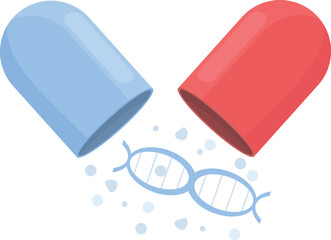 Illustration of a red and blue capsule pill revealing a dna helix, symbolizing biotechnology and medicine
