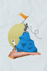Collage 3d image of pinup pop retro sketch of funny people climb mountain flag finish achieve dream...