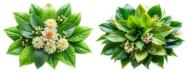 Naklejka premium Set of white flowers with green leaves floral arrangement, isolated on transparent background