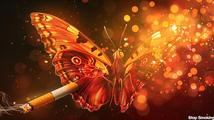 A banner for World No Tobacco Day with an image of a cigarette transforming into a butterfly, symbolizing the freedom of quitting smoking. The words "Stop Smoking" are highlighted, with additional