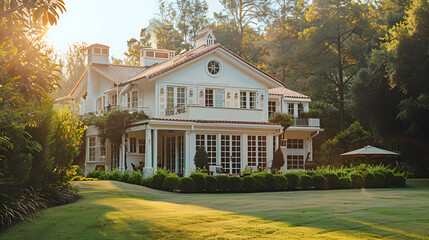 Obraz premium Sunset in the garden with a beautiful house in the summer,Beautiful white color single family home with big green grass ,Luxury house in the park with sunlight. Vintage style