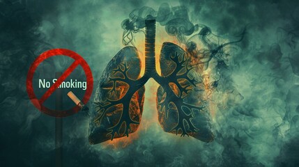 An illustration of a healthy pair of lungs contrasted with a blackened, smoke-filled pair, divided by a red "No Smoking" sign. The background is a gradient from healthy green to dark, smoky gray,