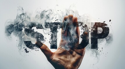 A poster showing a hand crushing a cigarette, with smoke forming the word 