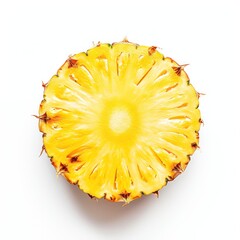 Fresh pineapple slices on a white background, showcasing vibrant yellow color.