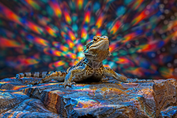 A lizard perched on a rock against a vibrant backdrop.