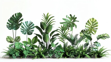 Assorted green tropical houseplants on white background, showcasing lush foliage and diverse leaf shapes and textures.