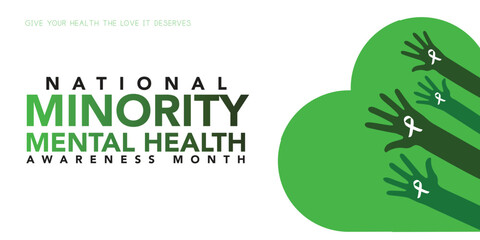 Minority Mental Health Awareness Month. Vector web banner for social media, poster, card, flyer. Text Minority Mental Health Awareness Month, July. Human head, a plant with leaves on white background.