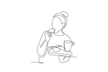 Woman eating biscuits and drinking milk at breakfast. Eating breakfast concept one-line drawing