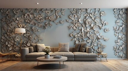 gray wall with a textured floral pattern in white and gold.