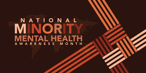 Minority Mental Health Awareness Month. Vector web banner for social media, poster, card, flyer. Text Minority Mental Health Awareness Month, July. Human head, a plant with leaves on white background.