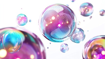 Colorful iridescent bubbles floating against a white background, creating a whimsical and playful atmosphere in vibrant hues.