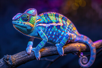 Obraz premium A vibrant chameleon perched on a tree branch, showcasing its colorful scales and distinctively shaped body.