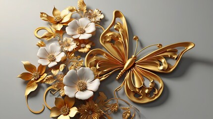 depicts a white background with gold 3D butterflies and flowers.