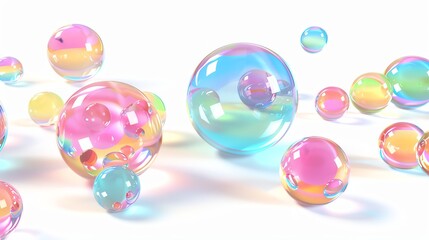 Vibrant and colorful 3D bubbles in various sizes floating on a white background, creating a playful and whimsical atmosphere.
