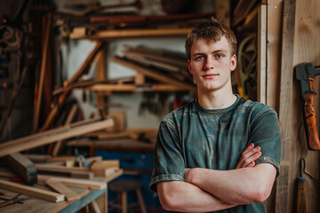 Portrait of a skilled young woodworker standing confidently in workshop