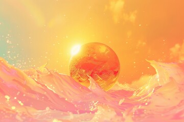 Above the earthly realm, sun and moon, painted in shades of orange and yellow, cast their luminous glow upon the atmosphere, creating a mesmerizing display of sparkling light.