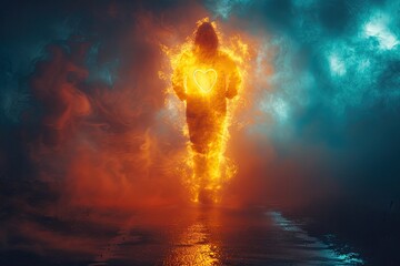 A mysterious figure appears as a silhouette engulfed in flames, standing on a path with dramatic, smoky clouds in the background.