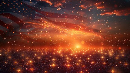 Obraz premium A stunning sunset with an American flag in the background, creating a patriotic and warm atmosphere with glowing lights resembling stars.