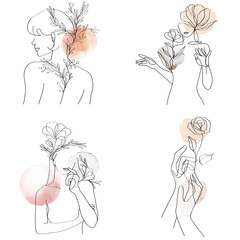 Png floral woman abstract line art pastel illustration set