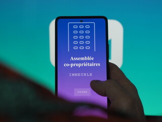 A co-owner voting on his phone on dummy convocation of a general meeting of the building. The trustee of a fake condominium organizes a meeting by video. Text in French.