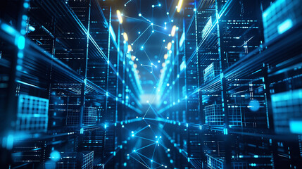 Energetic cobalt blue connections in a bold, saturated logistics tech landscape,