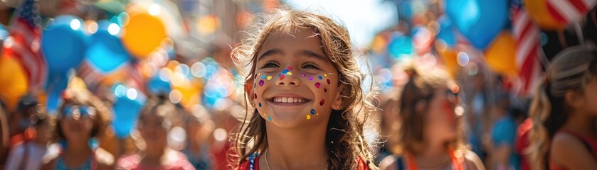 Joyful girl with painted face celebrating at a vibrant outdoor festival, surrounded by colorful balloons and festive ambiance.