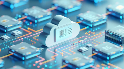 3D illustration of cloud migration, file integration, and fast data transfer.