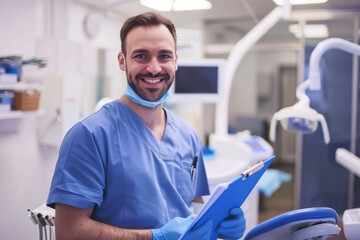 Smiling male dentist in a clinic holding clipboard