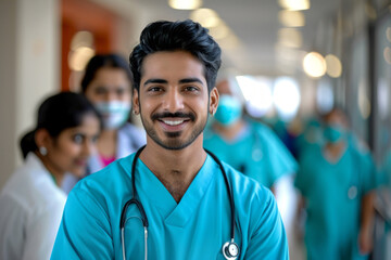 Fototapeta premium Smiling male nurse in a hospital with colleagues in background