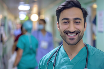 Fototapeta premium Smiling male nurse in hospital corridor with colleagues