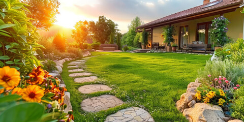 Charming house with a stone path winding through a lush garden under the warm glow of a beautiful sunset