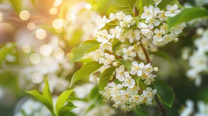Blooming bird cherry tree with white flowers in spring