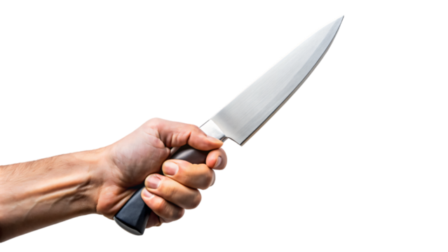 Isolated hand gripping a sharp metal kitchen knife