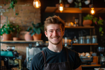 Obraz premium Young cheerful small business owner standing in coffee shop