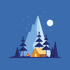 winter landscape illustration.night in the mountains. enjoy the weekend. hiking and camping. flat vector illustration