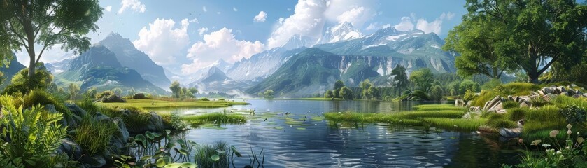 Obraz premium An idyllic landscape painting brought to life, featuring a serene pond, lush greenery, and towering mountains in the distance, embodying perfect harmony with nature