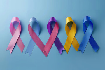 Colorful ribbons symbolizing different cancer awareness causes