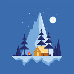 winter landscape illustration.night in the mountains. enjoy the weekend. hiking and camping. flat vector illustration