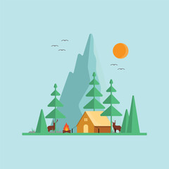 summer landscape illustration.afternoon in the mountains. enjoy the weekend. hiking and camping. flat vector illustration